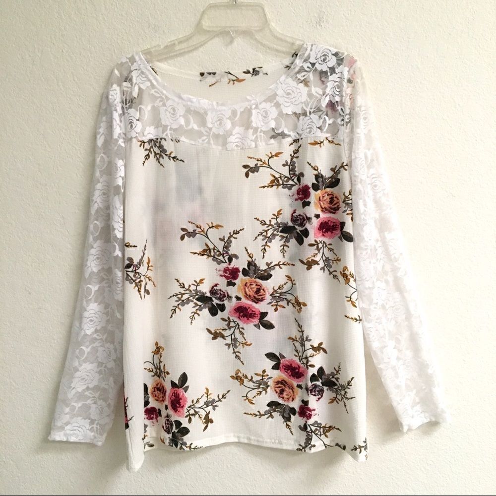 Boho Rose lace sleeve floral print tunic blouse XXL‎